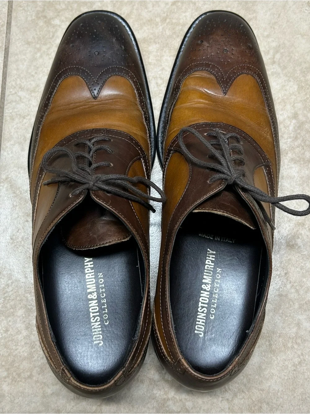 VTG Johnston & Murphy made in Italy Two-Tone Wingtip Brogue Oxford 10M Brown/Tan